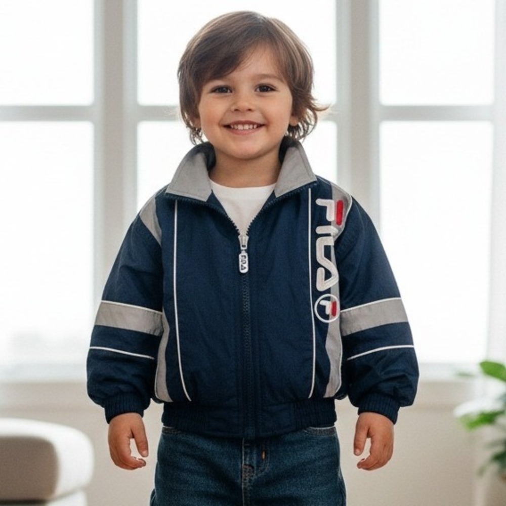 Vintage Fila Windbreaker Kids Jacket Navy Blue Full Zip Embroidered Logo Size S‎